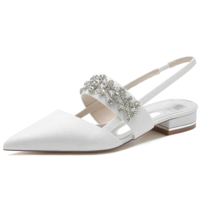 Witte retro puntige neus sieraden Slingback Mary Jane platte schoenen