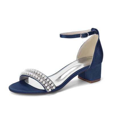 Navy Rhinestone and Pearl Satin Open Toe Block Heel Sandals Wedding Shoes