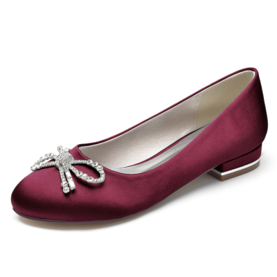 Bordeauxrode strass strik ronde neus satijnen ballet platte schoenen