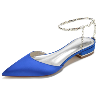 Koningsblauwe strass ketting enkelband puntige teen platte sandalen