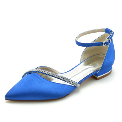 Royal Blue Strass Cross Strap Glitter Flats Spitse neus enkelband platte schoenen