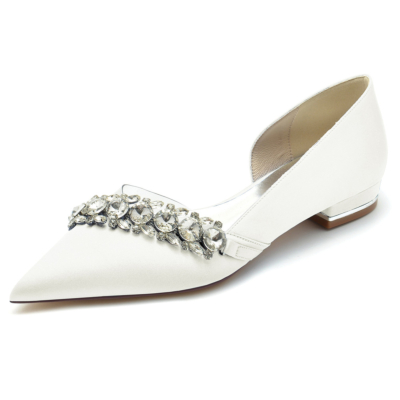 Beige strass verfraaid doorzichtig satijn D'orsay flats schoenen voor bruiloft