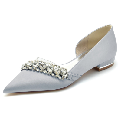 Zilveren strass verfraaid doorzichtig satijn D'orsay flats schoenen voor bruiloft