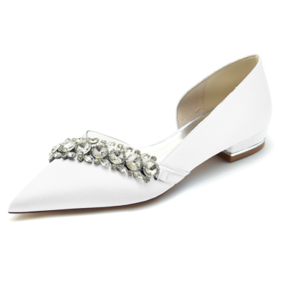 Witte strass verfraaid doorzichtig satijn D'orsay flats schoenen voor bruiloft