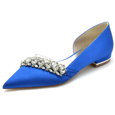 Koningsblauwe strass verfraaid doorzichtig satijn D'orsay flats schoenen voor bruiloft