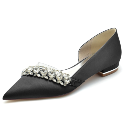 Zwarte strass verfraaid doorzichtig satijn D'orsay flats schoenen voor bruiloft