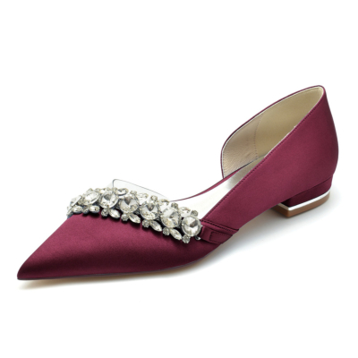 Bordeauxrode strass verfraaid doorzichtig satijn D'orsay flats schoenen voor bruiloft