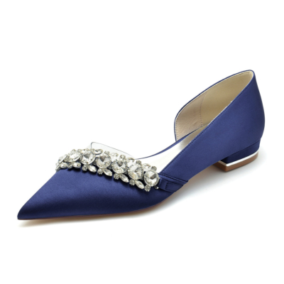 Marineblauwe strass verfraaid doorzichtig satijn D'orsay flats schoenen voor bruiloft