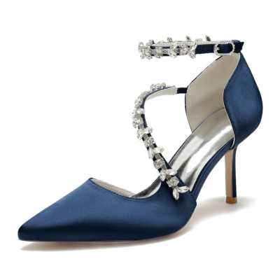 Donkerblauwe strass verfraaid met gekruiste riem D'orsay schoenen stiletto hakken voor bruiloft