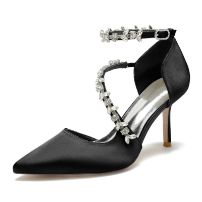 Zwarte strass verfraaid met gekruiste riem D'orsay schoenen stiletto hakken voor bruiloft