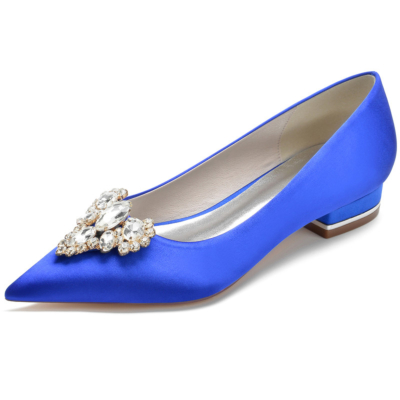 Royal Blue Strass verfraaid satijn Flats puntige neus platte schoenen voor dans
