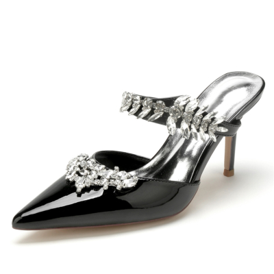 Zwarte strass versieringen bruiloft muilezels schoenen slip op naaldhakken voor bruids