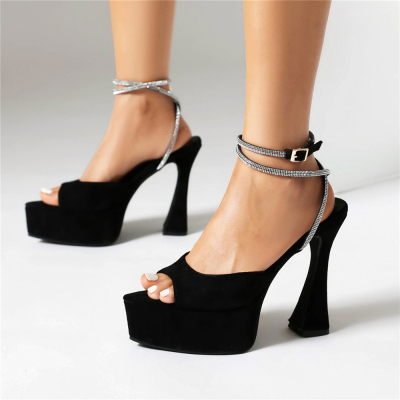 Black Rhinestone Lace Up Platform Sandals Spool Heels Party Shoes