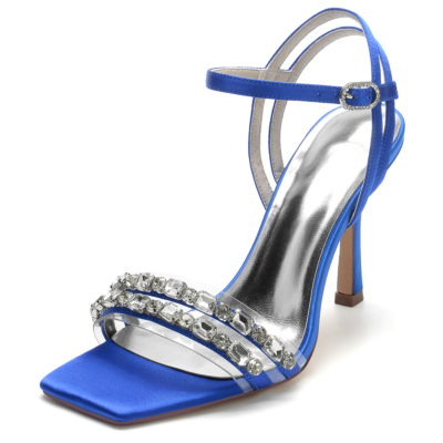 Koningsblauwe strass satijnen enkelbandjes met naaldhak sandalen