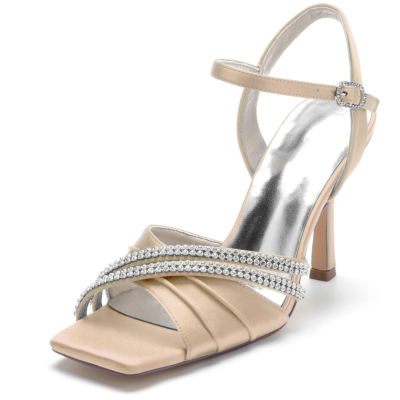 Champange Strass Stain Ruffle Open teen Stiletto enkelbandje sandalen voor bruiloft