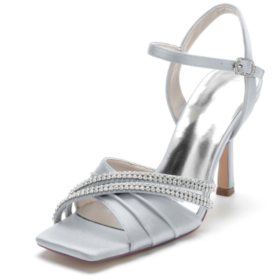 Zilveren strass vlek Ruffle open teen stiletto enkelbandje sandalen voor bruiloft