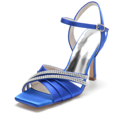 Royal Blue Strass Stain Ruffle Open teen Stiletto enkelbandje sandalen voor bruiloft
