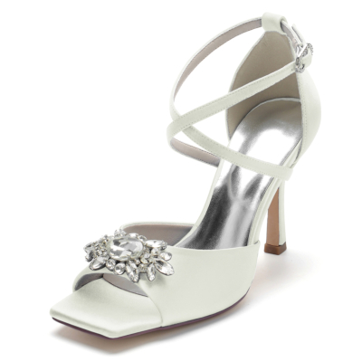 Witte satijnen strass stiletto's Cross Strap bruiloft sandalen
