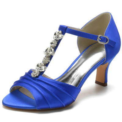 Royal Blue Strass T-Strap Peep Toe Sandalen Bruids D'orsay Middle Heels