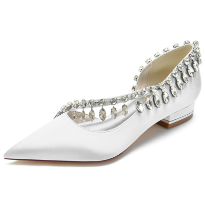 D'orsay damesschoenen voor dans met witte strass kruisband en satijnen platte schoenen