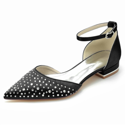 Zwarte strass verfraaid D'orsay flats enkelbandje juwelen platte schoenen voor bruiloft