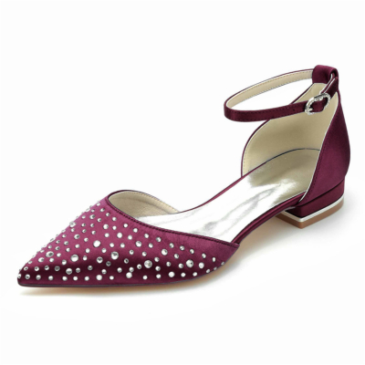 Bordeauxrode strass verfraaid D'orsay flats enkelbandje juwelen platte schoenen voor bruiloft
