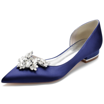 Marineblauwe strass puntige teen satijnen platte schoenen met zijsnede en juwelen