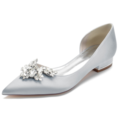 Zilveren strass puntige teen satijnen platte schoenen met zijgesneden juwelen