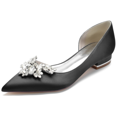 Zwarte strass puntige teen satijnen platte schoenen met zijgesneden juwelen