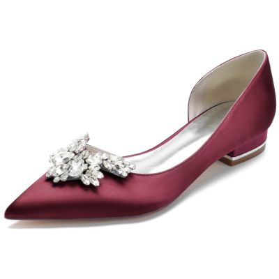 Bordeauxrode strass puntige teen satijnen platte schoenen met zijgesneden juwelen