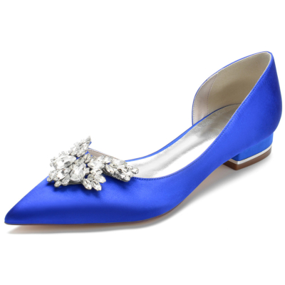 Koningsblauwe strass puntige teen satijnen platte schoenen met zijgesneden juwelen