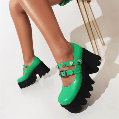 Groene klinknagel platform Chunky Mary Jane hakken dubbele riem gesp blokhak Y2K schoenen
