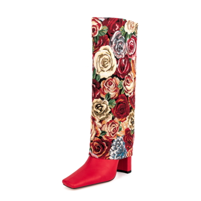 Rode roos bloem borduurwerk vouw over knie hoge laarzen dikke hak vierkante teen laarsjes