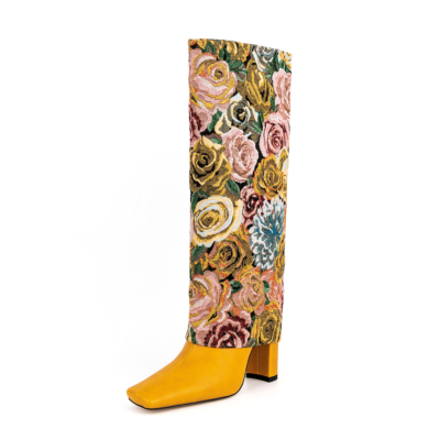 Gele roos bloem borduurwerk vouw over knie hoge laarzen dikke hak vierkante teen laarsjes