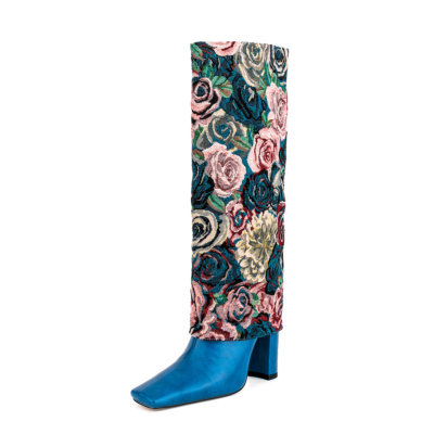 Blue Rose Flower Embroidery Vouw over kniehoge laarzen Chunky Heel Square Toe Booties