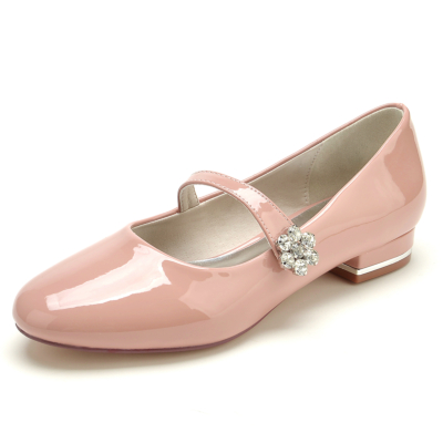 Roze Mary Jane balletschoenen met ronde neus en strass bloemgesp