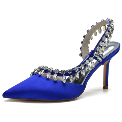 Koningsblauw satijnen slingback strass puntige neus naaldhak bruids schoenen