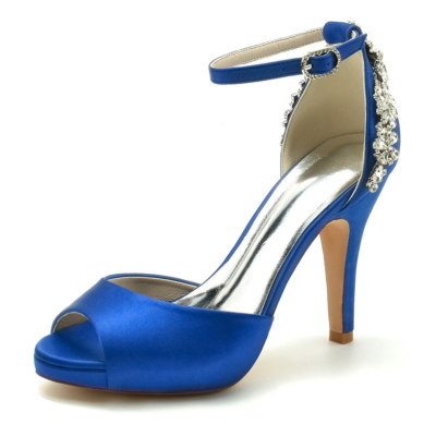Sapphire Blue Satin Peep Toe Trouwschoenen Enkelband Stiletto Heel Platform Sandalen