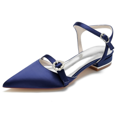 Marineblauwe satijnen enkelbandjes Flats met gesloten teen, rugloze platte schoenen met bandjes
