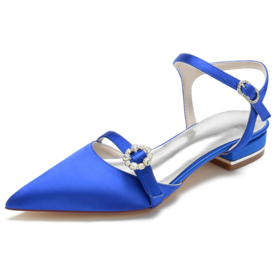 Koningsblauwe satijnen enkelband flats gesloten teen backless strappy platte schoenen