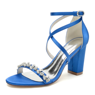 Koningsblauw satijnen gekruiste riem juwelen sandalen dikke hakken trouwschoenen