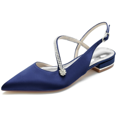 Marineblauwe satijnen gekruiste band Jeweled Flats Slingbacks schoenen voor dans