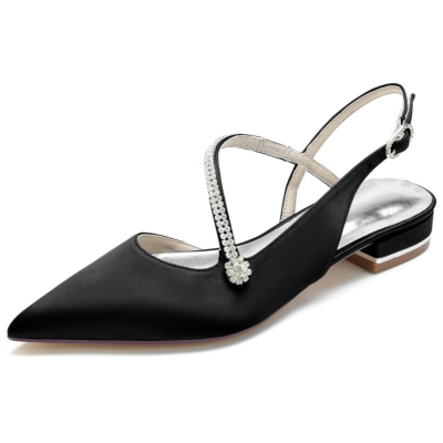 Zwart satijn Cross Strap Jeweled Flats Slingbacks schoenen voor dans