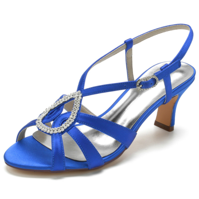 Koningsblauwe satijnen uitgesneden sandalen met strass middenhakken voor bruiloft