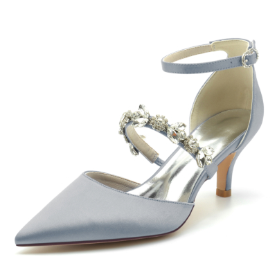 Grijs satijn D'orsay pumps bruiloft kitten hakken schoenen met kristallen band-stijl9