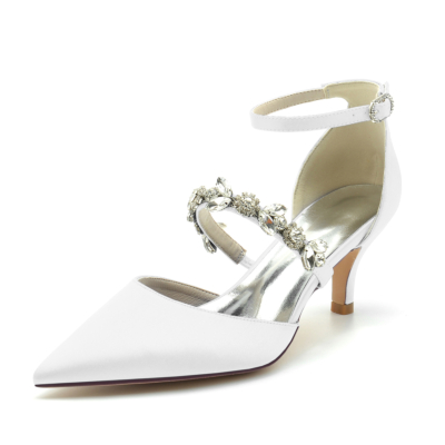 Witte satijnen D'orsay pumps bruiloft kitten hakken schoenen met kristallen band