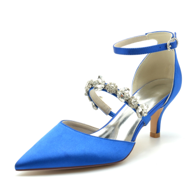 Koningsblauw satijn D'orsay pumps bruiloft kitten hakken schoenen met kristallen riem