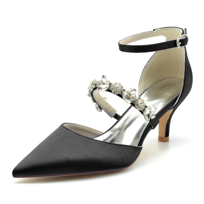 Zwart satijn D'orsay pumps bruiloft kitten hakken schoenen met kristallen riem