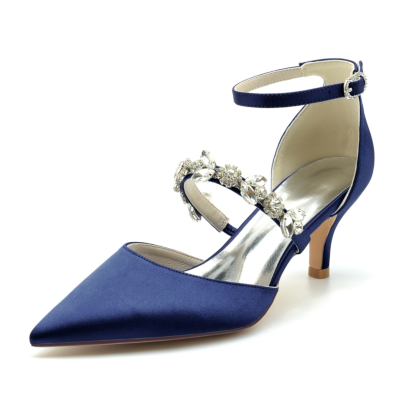 Marineblauwe satijnen D'orsay-pumps Bruiloft Kitten Heels-schoenen met kristallen band