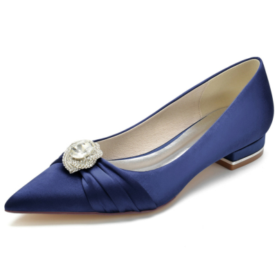 Marineblauwe satijnen platte schoenen met gegolfde strassversieringen Comfortabele platte schoenen
